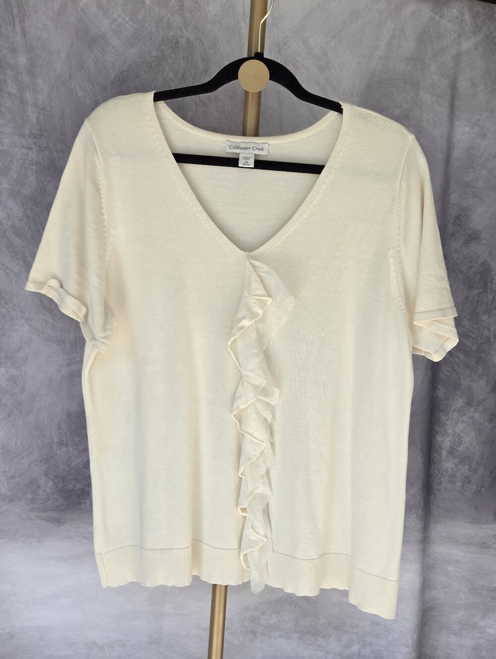 Coldwater Creek Silk Blend Double Ruffle V-Neck Knit Top Cream - Size 2X